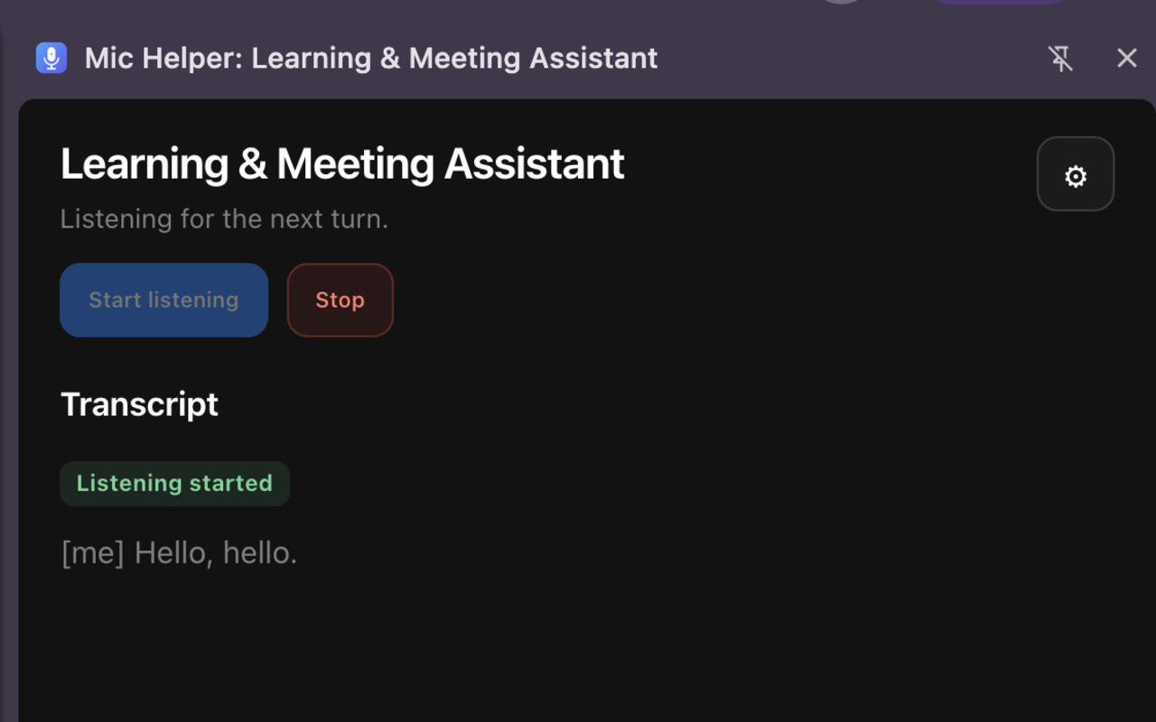 Mic Helper showing a live transcript beside a browser meeting